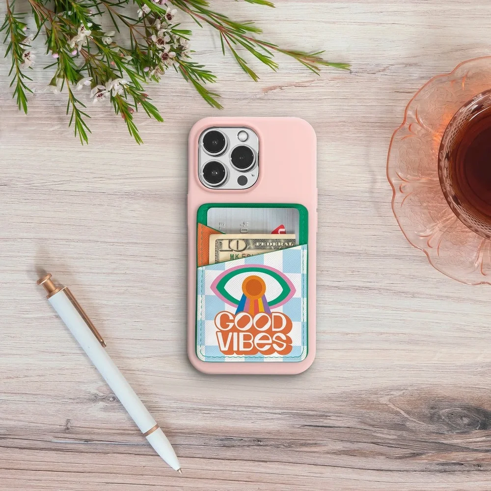 Studio Oh Stick On Cell Phone Wallet Good Vibes Eye Rainbow Orange Green NWT